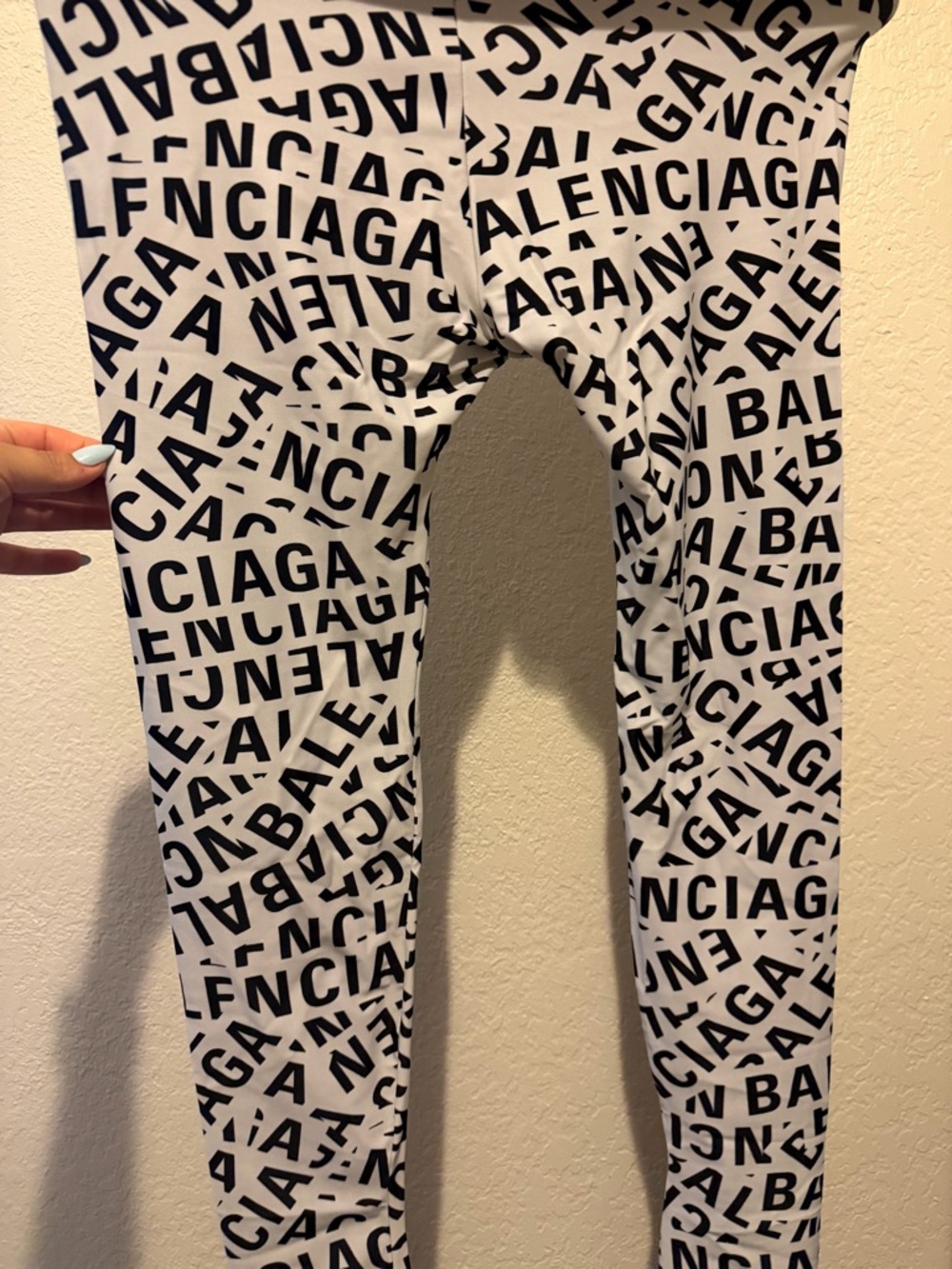 Authentic Balenciaga White Leggings with Black Logo All-Over Print